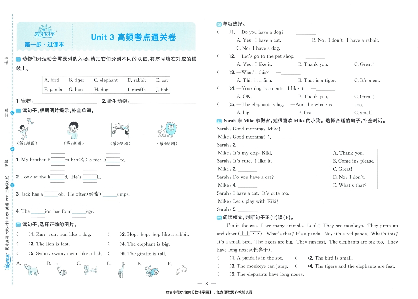 图片[5]-三年级上册（英语）阳光同学期末复习15天冲刺100分【电子版 可打印 含答案】（人教版）2025秋