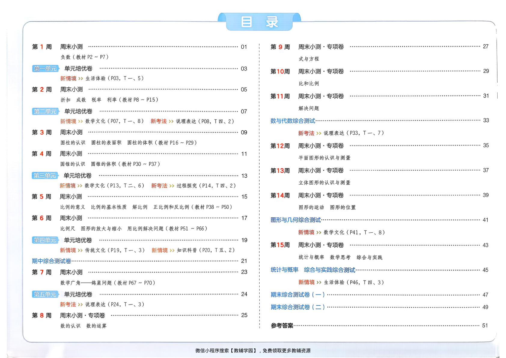 六年级下册（数学）一本周末小测卷【电子版 可打印 含答案】（人教版）2026春-教辅学园
