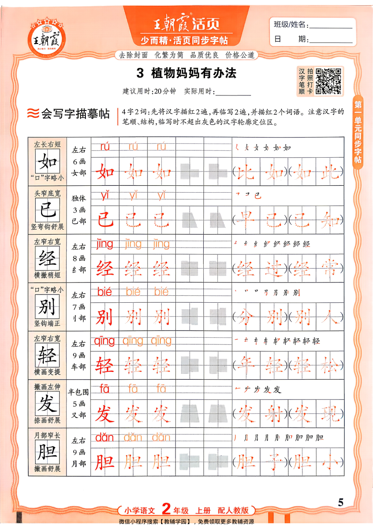 图片[5]-二年级上册（语文）王朝霞活页同步字帖【电子版 可打印 含答案】（人教版）2026秋